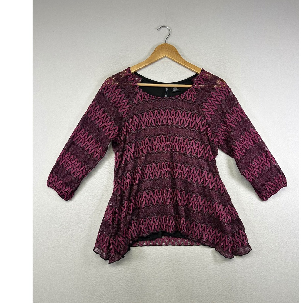Boho Art Deco New Directions Petite PL Plum Black Chevron Mesh 3/4 Sleeve Blouse